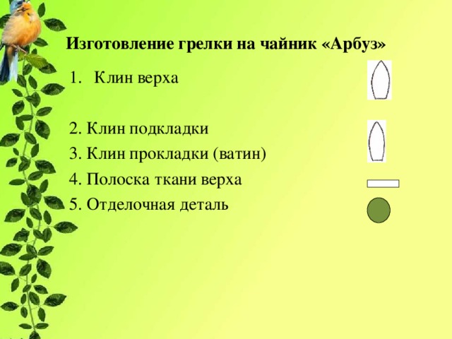Изготовление грелки на чайник «Арбуз» Клин верха 2. Клин подкладки 3. Клин прокладки (ватин) 4. Полоска ткани верха 5. Отделочная деталь 