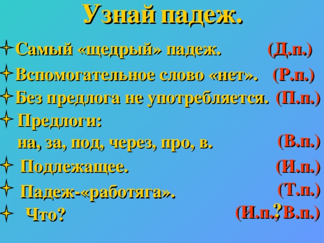 Узнай  падеж.  Самый «щедрый» падеж. (Д.п.) Вспомогательное слово «нет». (Р.п.) Без предлога не употребляется. (П.п.) Предлоги: на, за, под, через, про, в. (В.п.) Подлежащее. (И.п.) (Т.п.) Падеж-«работяга». ? (И.п., В.п.) Что?  