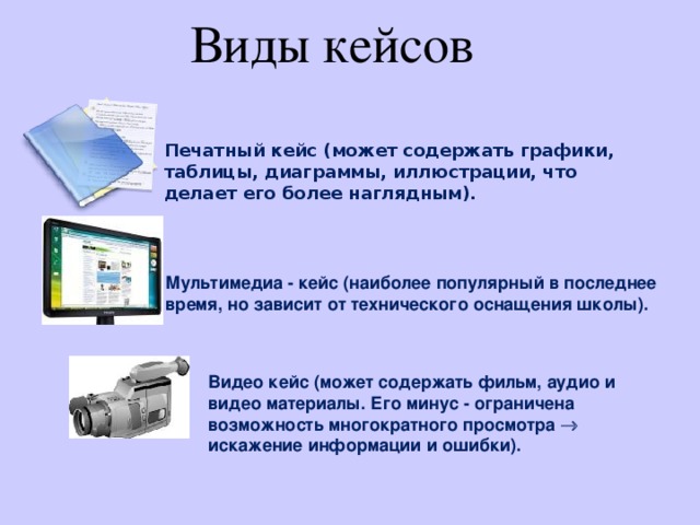 Виды кейсов   Печатный кейс (может содержать графики, таблицы, диаграммы, иллюстрации, что делает его более наглядным). Мультимедиа - кейс (наиболее популярный в последнее время, но зависит от технического оснащения школы). Видео кейс (может содержать фильм, аудио и видео материалы. Его минус - ограничена возможность многократного просмотра  искажение информации и ошибки). 