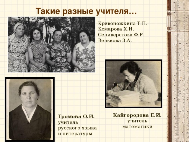 Такие разные учителя… Кривоножкина Т.П. Комарова Х.И. Селиверстова Ф.Р. Велькова З.А. Кайгородова Е.И. учитель математики Громова О.И. учитель русского языка и литературы 