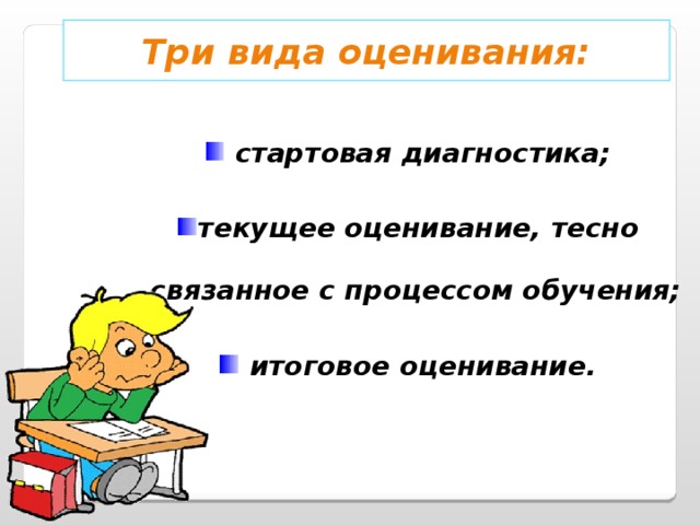 Три вида оценивания:  стартовая диагностика; текущее оценивание, тесно связанное с процессом обучения;  итоговое оценивание.   (4слайд) В начальной школе рекомендуется использовать три вида оценивания.  стартовая диагностика; текущее оценивание;  итоговое оценивание.  