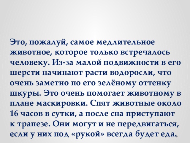 Это, пожалуй, самое медлительное животное, которое только встречалось человеку. Из-за малой подвижности в его шерсти начинают расти водоросли, что очень заметно по его зелёному оттенку шкуры. Это очень помогает животному в плане маскировки. Спят животные около 16 часов в сутки, а после сна приступают к трапезе. Они могут и не передвигаться, если у них под «рукой» всегда будет еда.