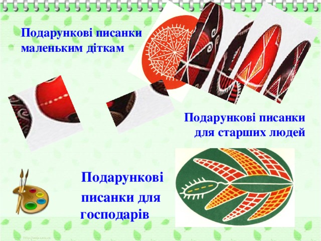 Подарункові писанки маленьким діткам  Подарункові писанки для старших людей Подарункові писанки для господарів