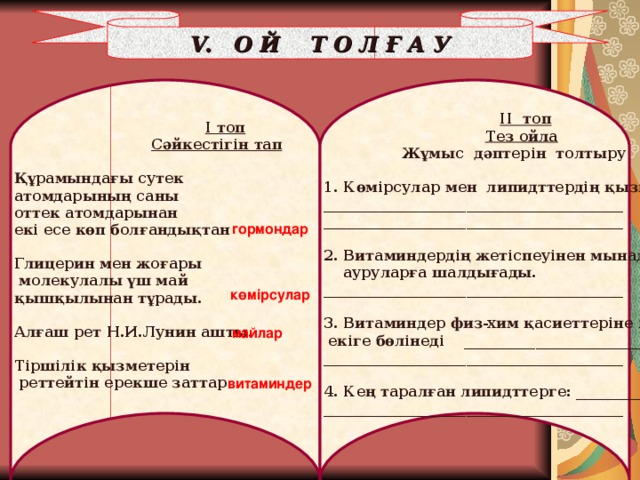   І топ  Сәйкестігін тап  Құрамындағы сутек атомдарының саны оттек атомдарынан екі есе көп болғандықтан  Глицерин мен жоғары  молекулалы үш май қышқылынан тұрады.  Алғаш рет Н.И.Лунин ашты.  Тіршілік қызметерін  реттейтін ерекше заттар         ІІ топ  Тез ойла  Жұмыс дәптерін толтыру  1. Көмірсулар мен липидттердің қызметі: __________________________________________ __________________________________________  2. Витаминдердің жетіспеуінен мынадай  ауруларға шалдығады. __________________________________________  3. Витаминдер физ - хим қасиеттеріне қарай  екіге бөлінеді __________________________ __________________________________________  4. Кең таралған липидттерге: _____________ __________________________________________      V . О Й Т О Л Ғ А У гормондар көмірсулар майлар витаминдер 