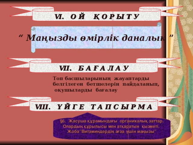 V І. О Й Қ О Р Ы Т У “ Маңызды өмірлік даналық ” V ІІ. Б А Ғ А Л А У Топ басшыларының жауаптарды белгілеген бетшелерін пайдаланып,  оқушыларды бағалау V ІІІ. Ү Й Г Е Т А П С Ы Р М А § 6. Жасуша құрамындағы органикалық заттар. Олардың құрылысы мен атқаратын қызметі. Жоба”Витаминдердің ағза үшін маңызы”  