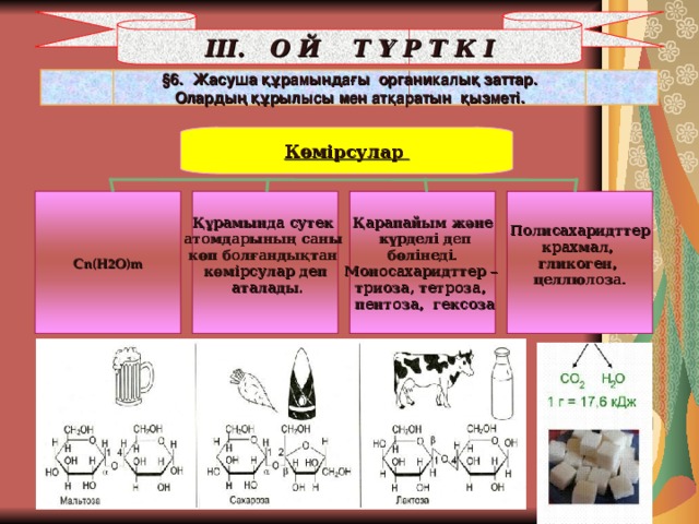 ІІІ. О Й Т Ү Р Т К І § 6. Жасуша құрамындағы органикалық заттар. Олардың құрылысы мен атқаратын қызметі. Көмірсулар С n(H2O)m Құрамында сутек атомдарының саны көп болғандықтан көмірсулар деп  аталады.  Қарапайым және  күрделі деп  бөлінеді. Моносахаридттер – триоза, тетроза,  пентоза, гексоза Полисахаридттер  крахмал, гликоген, целлюлоза.  