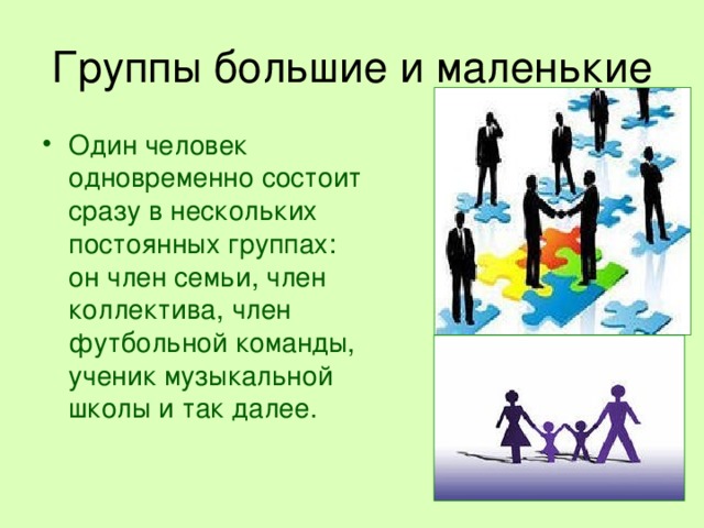 Группы большие и маленькие Один человек одновременно состоит сразу в нескольких постоянных группах: он член семьи, член коллектива, член футбольной команды, ученик музыкальной школы и так далее. 