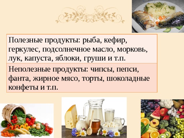 Полезные продукты: рыба, кефир, геркулес, подсолнечное масло, морковь, лук, капуста, яблоки, груши и т.п. Неполезные продукты: чипсы, пепси, фанта, жирное мясо, торты, шоколадные конфеты и т.п. 