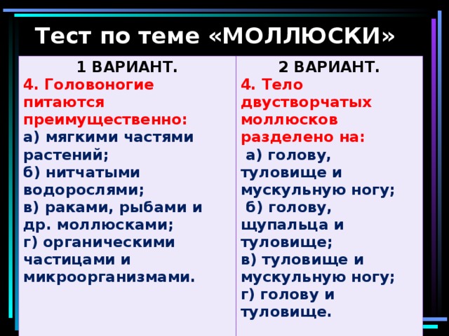 Тест по теме «МОЛЛЮСКИ» 1 ВАРИАНТ. 4. Головоногие питаются преимущественно: 2 ВАРИАНТ. а) мягкими частями растений; б) нитчатыми водорослями; в) раками, рыбами и др. моллюсками; г) органическими частицами и микроорганизмами.  4. Тело двустворчатых моллюсков разделено на:  а) голову, туловище и мускульную ногу;  б) голову, щупальца и туловище; в) туловище и мускульную ногу; г) голову и туловище.  