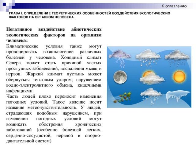 К оглавлению ГЛАВА I. ОПРЕДЕЛЕНИЕ ТЕОРЕТИЧЕСКИХ ОСОБЕННОСТЕЙ ВОЗДЕЙСТВИЯ ЭКОЛОГИЧЕСКИХ ФАКТОРОВ НА ОРГАНИЗМ ЧЕЛОВЕКА. Негативное воздействие абиотических экологических факторов на организм человека: Климатические условия также могут провоцировать возникновение различных болезней у человека. Холодный климат Севера может стать причиной частых простудных заболеваний, воспаления мышц и нервов. Жаркий климат пустынь может обернуться тепловым ударом, нарушением водно-электролитного обмена, кишечными инфекциями. Часть людей плохо переносит изменения погодных условий. Такое явление носит название метеочувствительность. У людей, страдающих подобным нарушением, при изменении погодных условий могут возникать обострения хронических заболеваний (особенно болезней легких, сердечно-сосудистой, нервной и опорно-двигательной систем)   