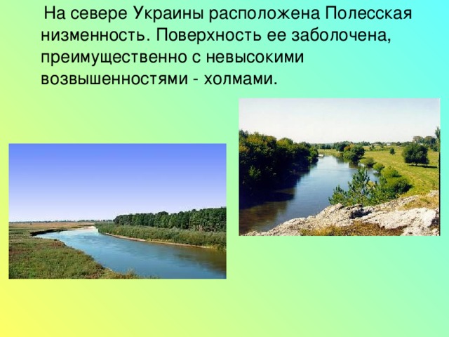  На севере Украины расположена Полесская низменность. Поверхность ее заболочена, преимущественно с невысокими возвышенностями - холмами. 