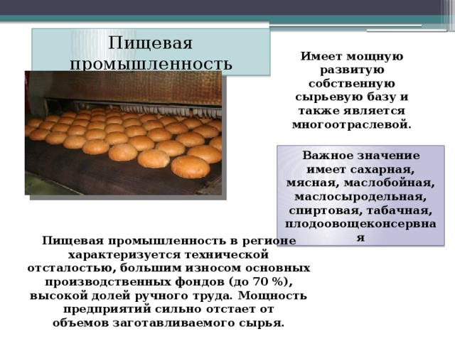 Пищевая промышленность Имеет мощную развитую собственную сырьевую базу и также является  многоотраслевой. Важное значение имеет сахарная, мясная, маслобойная,  маслосыродельная, спиртовая, табачная, плодоовощеконсервная Пищевая промышленность в регионе характеризуется технической  отсталостью, большим износом основных производственных фондов (до 70 %),  высокой долей ручного труда. Мощность предприятий сильно отстает от  объемов заготавливаемого сырья. 