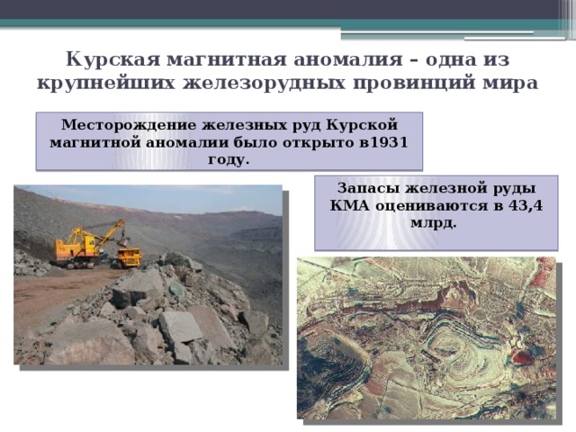 Курская магнитная аномалия – одна из крупнейших железорудных провинций мира Месторождение железных руд Курской магнитной аномалии было открыто в1931 году. Запасы железной руды КМА оцениваются в 43,4 млрд.  