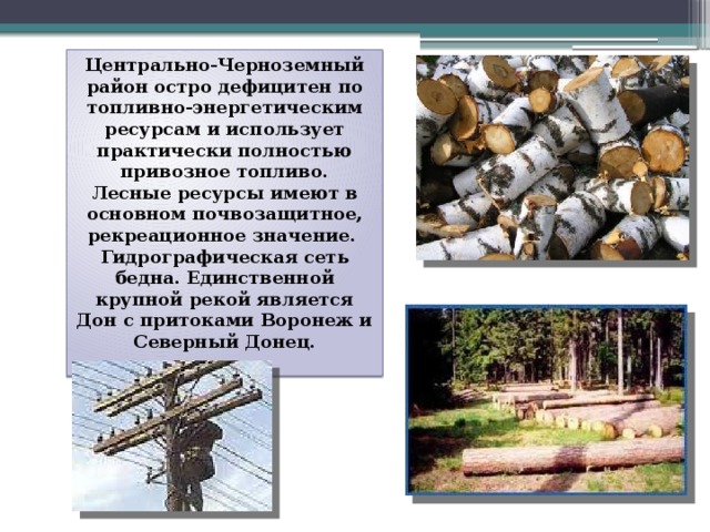 Центрально-Черноземный район остро дефицитен по топливно-энергетическим ресурсам и использует практически полностью привозное топливо. Лесные ресурсы имеют в основном почвозащитное, рекреационное значение.  Гидрографическая сеть бедна. Единственной крупной рекой является Дон с притоками Воронеж и Северный Донец.   