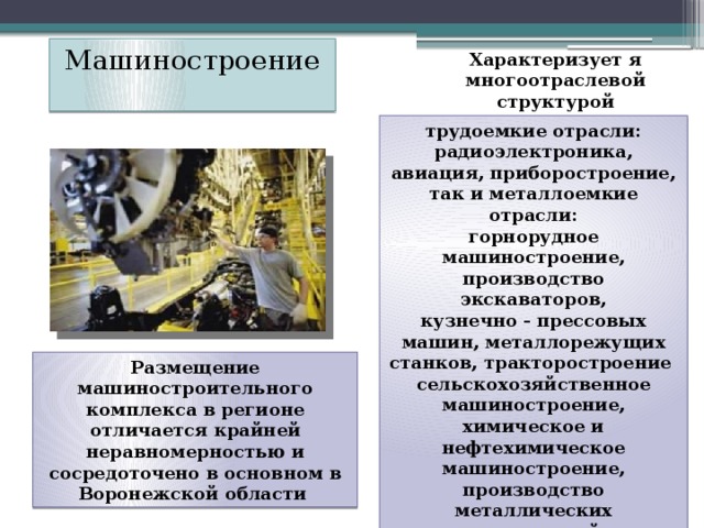 Машиностроение   Характеризует я многоотраслевой  структурой трудоемкие отрасли:  радиоэлектроника, авиация, приборостроение, так и металлоемкие отрасли:  горнорудное машиностроение, производство экскаваторов,  кузнечно - прессовых машин, металлорежущих станков, тракторостроение  сельскохозяйственное машиностроение, химическое и нефтехимическое  машиностроение, производство металлических конструкций Размещение  машиностроительного комплекса в регионе отличается крайней  неравномерностью и сосредоточено в основном в Воронежской области 