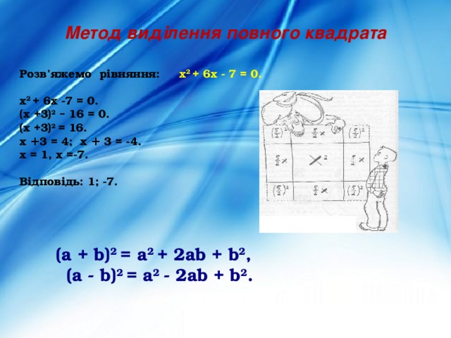 Метод виділення повного квадрата Розв’яжемо рівняння: х 2 + 6х - 7 = 0.  х 2 + 6х -7 = 0. (х +3) 2  – 16 = 0. (х +3) 2 = 16. х + 3 = 4; х + 3 = -4. х = 1, х =-7.  Відповідь: 1; -7.  (a + b) 2 = a 2 + 2ab + b 2 , (a - b) 2 = a 2 - 2ab + b 2 . 