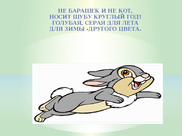 Не барашек и не кот, Носит шубу круглый год! Голубая, серая для лета Для зимы -другого цвета.