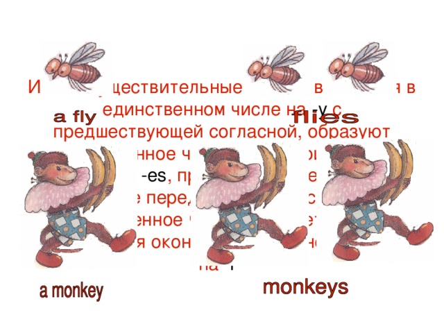 Имена существительные, оканчивающиеся в единственном числе на -у с предшествующей согласной, образуют множественное число путем прибавления окончания -es , причем - у меняется на -i- . Если же перед -у стоит гласная, то множественное число образуется путем прибавления окончания - s и -у не меняется на -i-