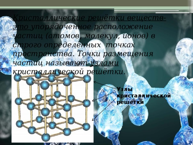 Кристаллические решётки веществ-это упорядоченное расположение частиц (атомов, молекул, ионов) в строго определённых точках пространства. Точки размещения частиц называют узлами кристаллической решётки.   Узлы кристаллической решетки 