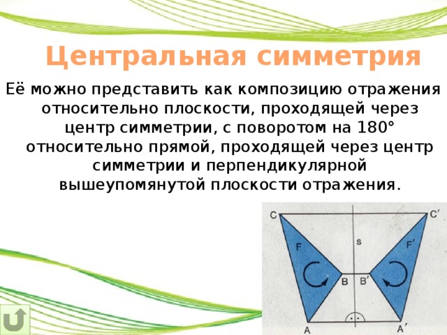 Центральная симметрия Её можно представить как композицию отражения относительно плоскости, проходящей через центр симметрии, с поворотом на 180° относительно прямой, проходящей через центр симметрии и перпендикулярной вышеупомянутой плоскости отражения. 