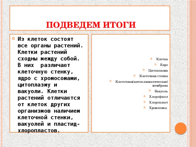  Подведем итоги Из клеток состоят все органы растений. Клетки растений сходны между собой. В них различают клеточную стенку, ядро с хромосомами, цитоплазму и вакуоли. Клетки растений отличаются от клеток других организмов наличием клеточной стенки, вакуолей и пластид- хлоропластов. Клетка Ядро Цитоплазма Клеточная стенка Клеточная(цитоплазматическая) мембрана Вакуоль Хлорофилл Хлоропласт Хромосомы 