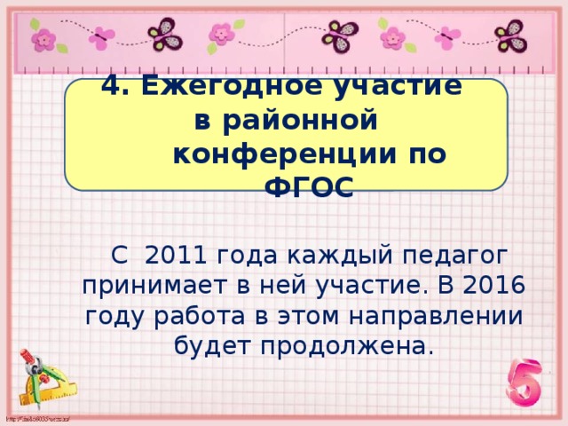 4. Ежегодное участие в районной конференции по ФГОС  С 2011 года каждый педагог принимает в ней участие. В 2016 году работа в этом направлении будет продолжена. 