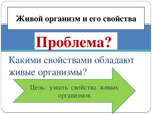 Живой организм и его свойства Какими свойствами обладают живые организмы? Проблема? Цель: узнать свойства живых организмов 