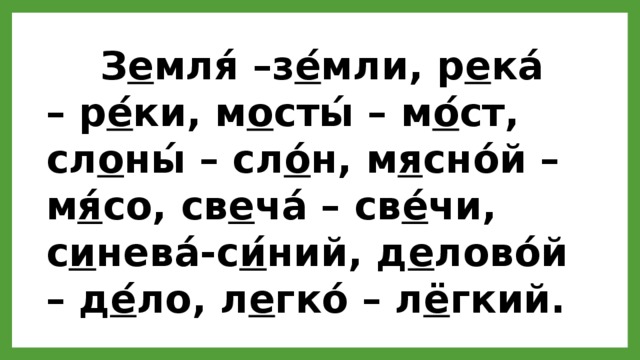  З е мля́ –з е ́мли, р е ка́ – р е ́ки, м о сты́ – м о ́ст, сл о ны́ – сл о́ н, м я сно́й – м я́ со, св е ча́ – св е́ чи, с и нева́-с и ́ний, д е лово́й – д е ́ло, л е гко́ – л ё гкий.      