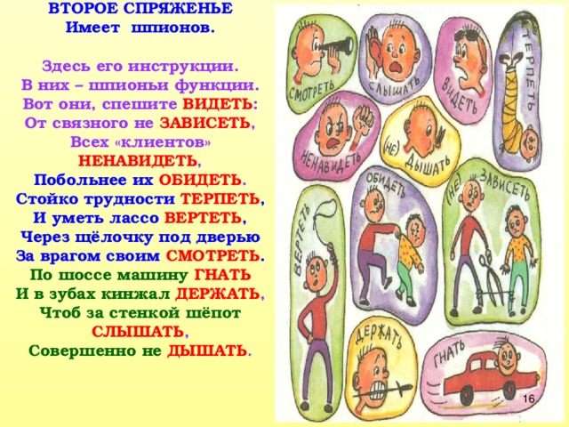 ВТОРОЕ СПРЯЖЕНЬЕ  Имеет шпионов.   Здесь его инструкции.  В них – шпионьи функции.  Вот они, спешите ВИДЕТЬ :  От связного не ЗАВИСЕТЬ ,  Всех «клиентов» НЕНАВИДЕТЬ ,  Побольнее их ОБИДЕТЬ .  Стойко трудности ТЕРПЕТЬ ,  И уметь лассо ВЕРТЕТЬ ,  Через щёлочку под дверью  За врагом своим СМОТРЕТЬ .  По шоссе машину ГНАТЬ  И в зубах кинжал ДЕРЖАТЬ ,  Чтоб за стенкой шёпот СЛЫШАТЬ ,  Совершенно не ДЫШАТЬ .  