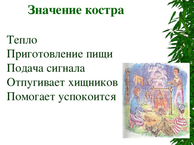 Значение костра Тепло Приготовление пищи Подача сигнала Отпугивает хищников Помогает успокоится 
