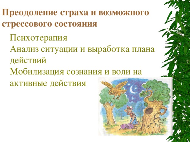Преодоление страха и возможного стрессового состояния Психотерапия Анализ ситуации и выработка плана действий Мобилизация сознания и воли на активные действия 