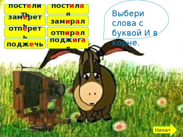пост и л а л пост е лить Выбери слова с буквой И в корне. зам е реть зам и р а л отп е реть отп и р а л подж е чь подж и г а л Начать