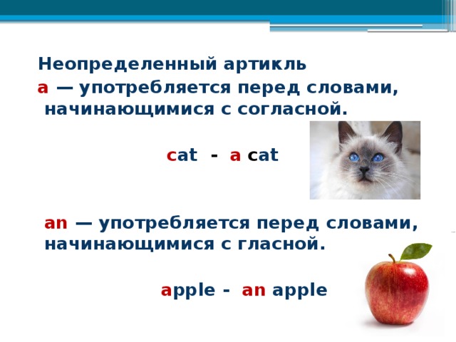  Неопределенный артикль  a  — употребляется перед словами, начинающимися с согласной.   c at - a c at   an  — употребляется перед словами, начинающимися с гласной.   a pple - an  apple 