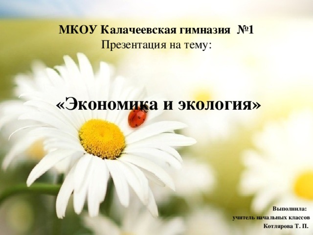 МКОУ Калачеевская гимназия №1  Презентация на тему:   «Экономика и экология»      Выполнила: учитель начальных классов Котлярова Т. П.  