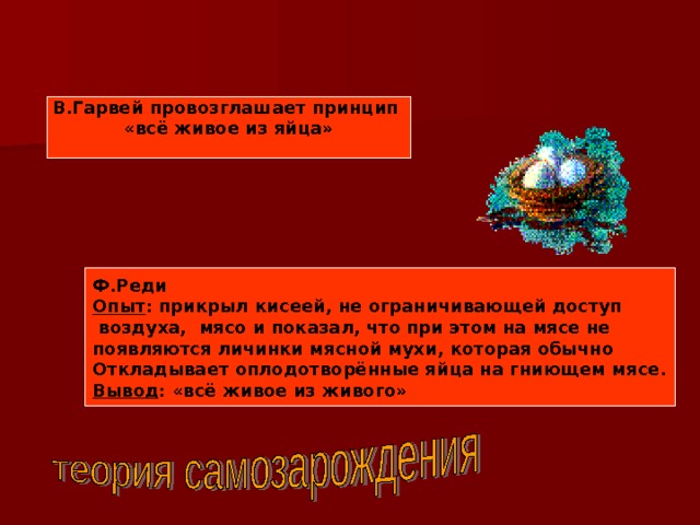 В.Гарвей провозглашает принцип «всё живое из яйца»  Ф.Реди Опыт : прикрыл кисеей, не ограничивающей доступ  воздуха, мясо и показал, что при этом на мясе не появляются личинки мясной мухи, которая обычно Откладывает оплодотворённые яйца на гниющем мясе. Вывод : «всё живое из живого» 