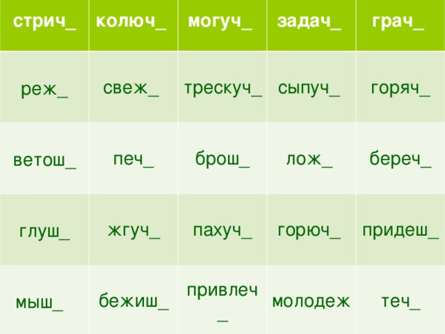 стрич_ реж_ колюч_ свеж_ могуч_ ветош_ глуш_ задач_ трескуч_ печ_ грач_ сыпуч_ мыш_ жгуч_ брош_ бежиш_ горяч_ лож_ пахуч_ береч_ горюч_ привлеч_ придеш_ молодеж теч_