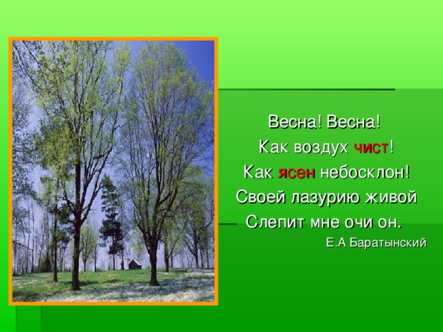 Весна! Весна! Как воздух чист ! Как ясен небосклон! Своей лазурию живой Слепит мне очи он. Е.А Баратынский