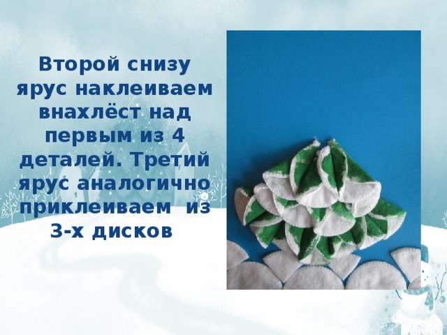 Второй снизу ярус наклеиваем внахлёст над первым из 4 деталей. Третий ярус аналогично приклеиваем из 3-х дисков 