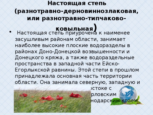   Настоящая степь   (разнотравно-дерновиннозлаковая, или разнотравно-типчаково-ковыльная )  Настоящая степь приурочена к наименее засушливым районам области, занимает наиболее высокие плоские водоразделы в районах Доно-Донецкой возвышенности и Донецкого кряжа, а также водораздельные пространства в западной части Ейско-Егорлыкской равнины. Этой степи в прошлом принадлежала основная часть территории области. Она занимала северную, западную и южную части, гранича на востоке с Обливским, Морозовским, Орловским районами, а на юге – с Краснодарским краем. 