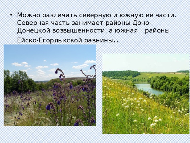 Можно различить северную и южную её части. Северная часть занимает районы Доно-Донецкой возвышенности, а южная – районы Ейско-Егорлыкской равнины .. 
