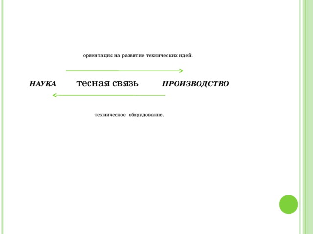  ориентация на развитие технических идей.   НАУКА тесная связь ПРОИЗВОДСТВО   техническое оборудование. 