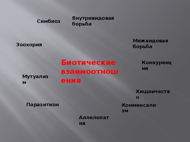 Внутривидовая  борьба Симбиоз Межвидовая  борьба Зоохория Биотические  взаимоотношения Конкуренция  Мутуализм Хищничество Паразитизм Комменсализм Аллелопатия 