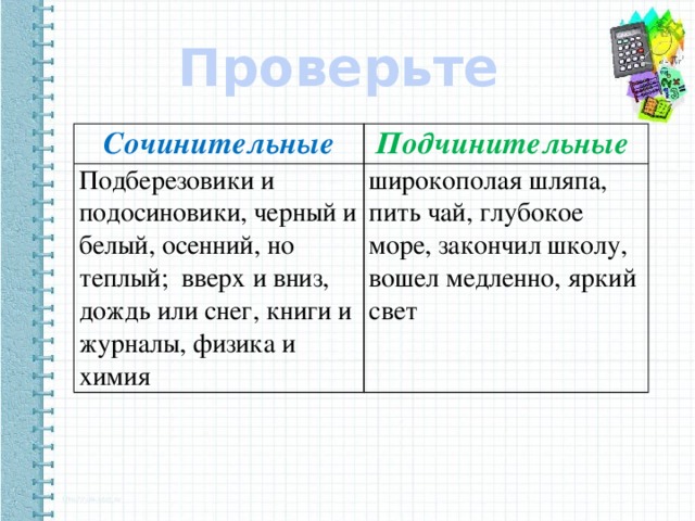 Проверьте Сочинительные Подчинительные Подберезовики и подосиновики, черный и белый, осенний, но теплый; вверх и вниз, дождь или снег, книги и журналы, физика и химия широкополая шляпа, пить чай, глубокое море, закончил школу, вошел медленно, яркий свет