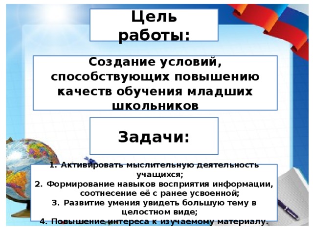 Цель работы: Создание условий, способствующих повышению качеств обучения младших школьников Задачи: Активировать мыслительную деятельность учащихся; Формирование навыков восприятия информации, соотнесение её с ранее усвоенной; Развитие умения увидеть большую тему в целостном виде; Повышение интереса к изучаемому материалу. 