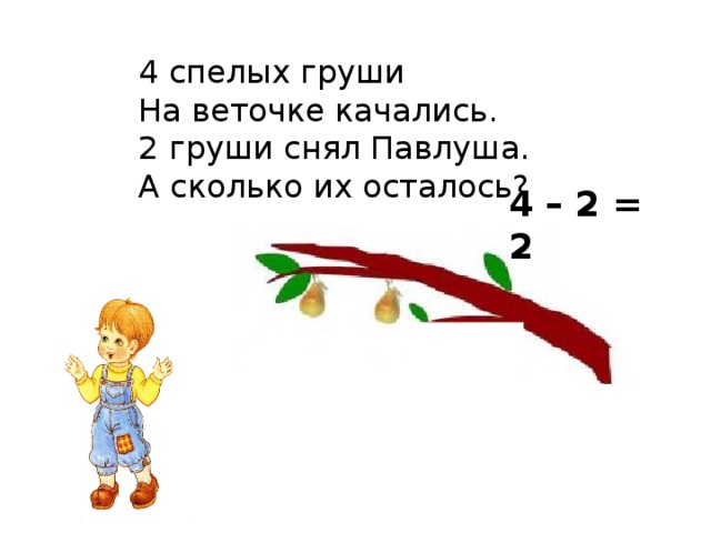 4 спелых груши На веточке качались. 2 груши снял Павлуша. А сколько их осталось? 4 – 2 = 2 