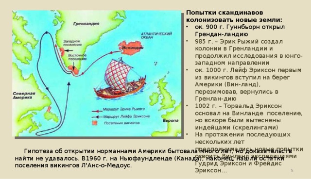 Попытки скандинавов колонизовать новые земли: ок. 900 г. Гуннбьорн открыл Грендан-ландию 985 г. – Эрик Рыжий создал колонии в Гренландии и продолжил исследования в юнго-западном направлении ок. 1000 г. Лейф Эриксон первым из викингов вступил на берег Америки (Вин-ланд), перезимовав, вернулись в Гренлан-дию 1002 г. – Торвальд Эриксон основал на Винланде поселение, но вскоре были вытеснены индейцами (скрелингами) На протяжении последующих нескольких лет предпринимались новые попытки освоить Винланд экспедициями Гудрид Эриксон и Фрейдис Эриксон… Гипотеза об открытии норманнами Америки бытовала много лет, но доказательств найти не удавалось. В1960 г. на Ньюфаундленде (Канада), наконец, нашли остатки поселения викингов Л'Анс-о-Медоус.  