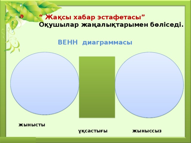 “ Жақсы хабар эстафетасы” Оқушылар жаңалықтарымен бөліседі. ВЕНН диаграммасы жынысты  ұқсастығы жыныссыз 