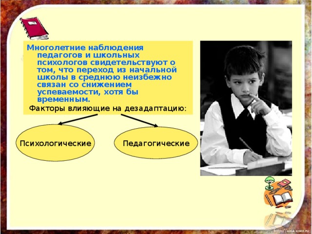Многолетние наблюдения педагогов и школьных психологов свидетельствуют о том, что переход из начальной школы в среднюю неизбежно связан со снижением успеваемости, хотя бы временным.  Факторы влияющие на дезадаптацию: Психологические Педагогические 