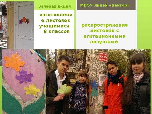 МБОУ лицей «Вектор» Зеленая акция изготовление листовок учащимися 8 классов   распространение листовок с агитационными лозунгами 