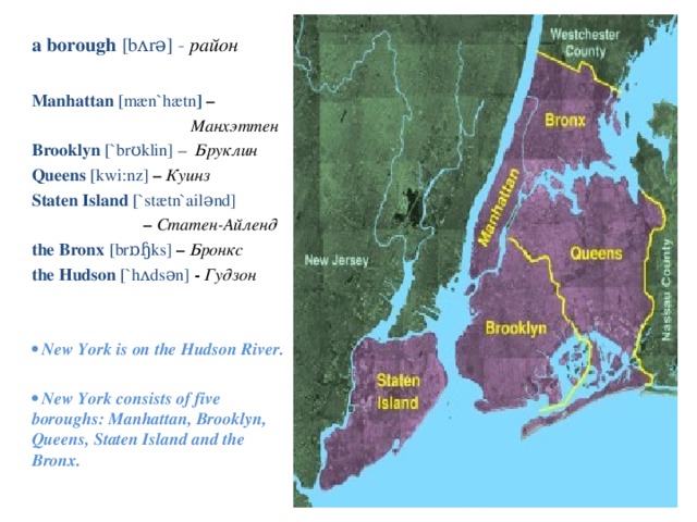 a borough [bʌrǝ] - район Manhattan [mæn`hætn ] –    Манхэттен Brooklyn [`brʊklin] –  Бруклин Queens [kwi:nz]  – Куинз Staten Island [`stætn`ailǝnd]    – Статен-Айленд the Bronx  [ brɒɧks ]  – Бронкс  the Hudson [`hʌdsǝn] - Гудзон    • New York is on the Hudson River.  • New York consists of five boroughs: Manhattan, Brooklyn, Queens, Staten Island and the Bronx. 